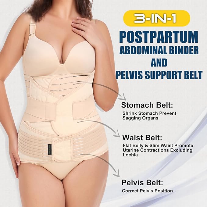 3 in 1 Postpartum Belly Band - Postpartum Belly Support Recovery Wrap, After Birth Brace, Slimming Girdles, Body Shaper Waist Shapewear, Post Surgery Pregnancy Belly Support Band (S/M, Beige)-CubbioJoy