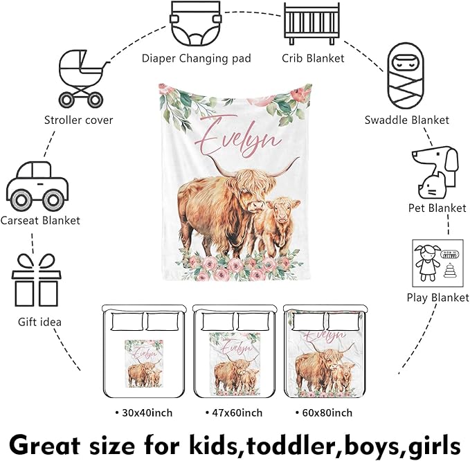 Custom Nursery Crib Bedding Set: Personalized Name 4 Piece Floral Highland Cow Design Baby Crib Sets for Girls - Toddler Double Layer Blanket Set, Comfortable Crib Bed Sheets for Baby Toddlers-CubbioJoy