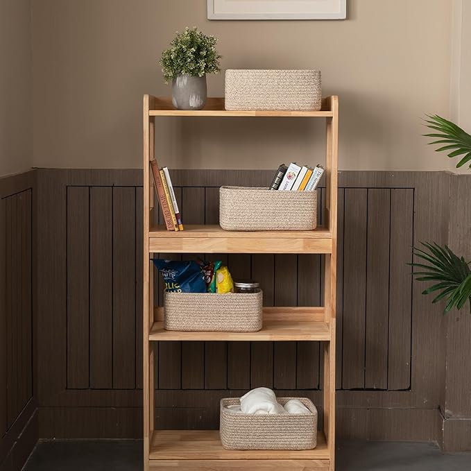 4 Pack Small Storage Shelf Baskets for Organizing, Mini Woven Rope Storage Bins for Towels, Cute Decorative Closet Organizer，Baby Nursery, Gift Empty Baskets -13.78''Lx9.84''Wx5.51''H-Brown-CubbioJoy