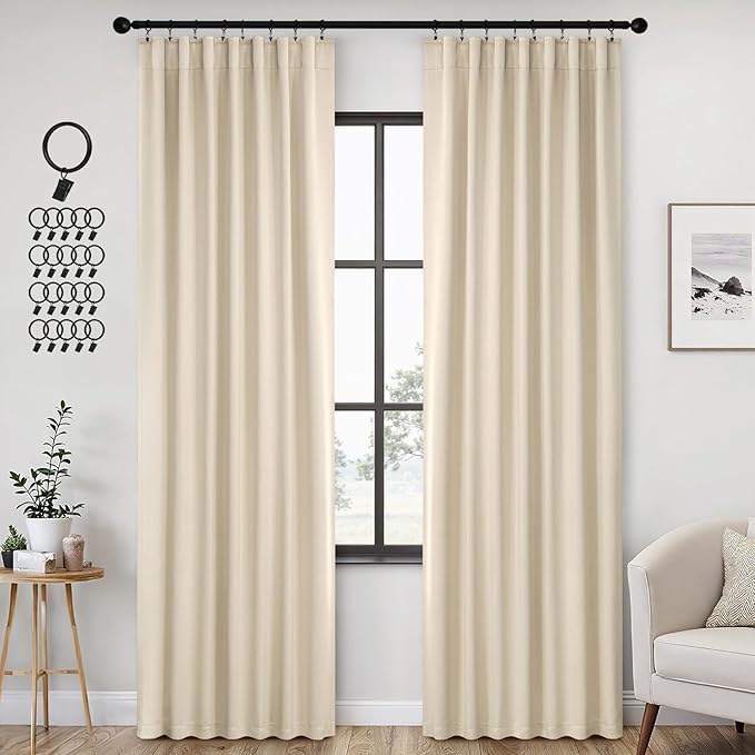 ANRODUO Back Tab Blackout Curtains for Bedroom Living Room, Rod Pocket Pinch Pleated Thermal Insulated Room Darkening Curtains 90 Inches Long 2 Panels, Cream Beige, 42 x 90 Inch-CubbioJoy