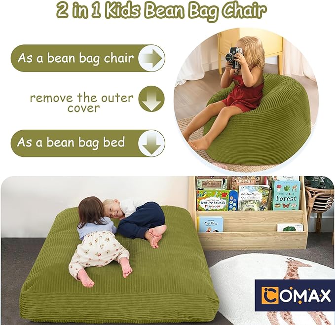COMAX Kids Bean Bag Chair Turn into Beanbag Bed, Toddler Bean Chair Corduroy for Girl Boy Sleeping, Lazy Children Bean Bags with Filler, Convertible Child Floor Mattress, Light Green-CubbioJoy