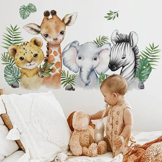 52.51x23.62 Inch Watercolor Jungle Animal Wall Decals Safari Forest Animal Wall Sticker Elephant Lion Monkey Decals for Baby Nursery Playroom Bedroom Classroom Kindergarten Decor-CubbioJoy