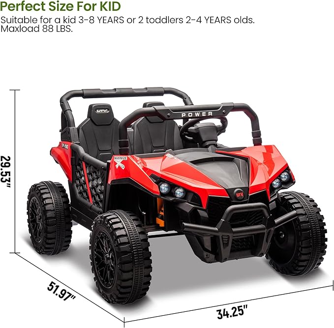 24V 2 Seater Ride On Car Truck, Power Wheels Kids UTV w/Parent Remote Control, 3.1 MPH Max Speed, Music Player, LED Lights & Storage, Electric Vehicle Ride On Toy for Kids Toddler Ages 3-8, Red-CubbioJoy