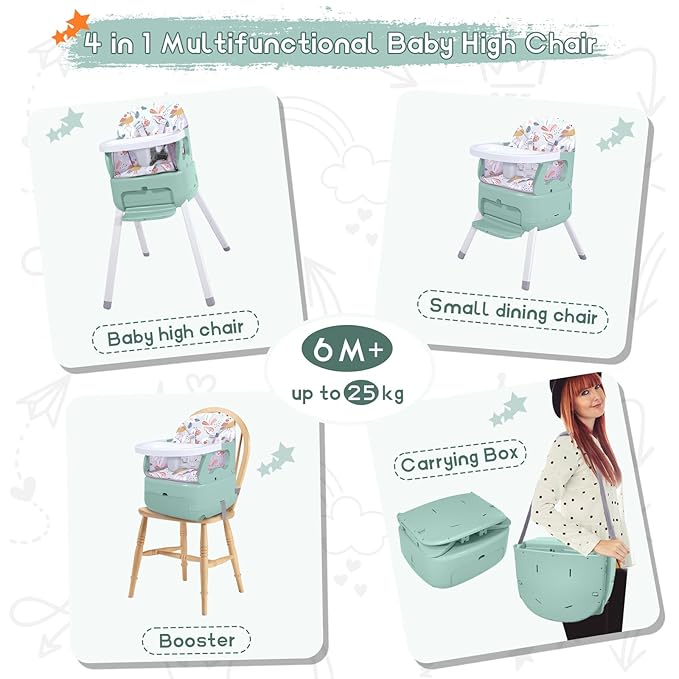 4 in 1 Portable Baby High Chair,Convertible Highchair for Babies and Toddlers-Foldable Infant Booster Seat,Carry Small Box,Dining Chair,Toddler High Chair with 5-Point Harness,Removable Tray-Green-CubbioJoy