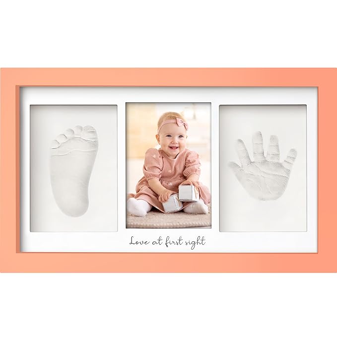 Baby Hand and Footprint Kit - Clay Handprint Keepsake Frame, Newborn Nursery Picture Frame, Personalized New Mom Gifts for Baby Shower & Registry (Salmon)-CubbioJoy