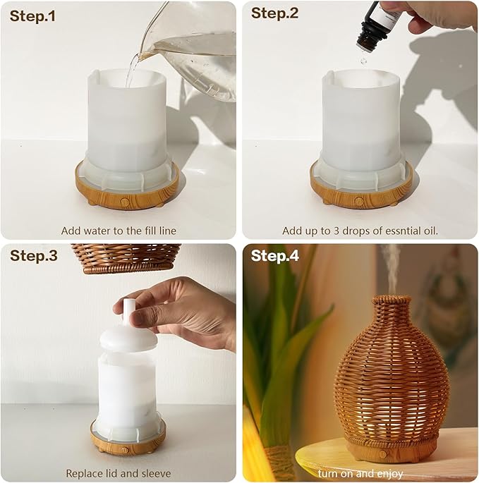 Aromatherapy Essential Oil Diffuser Rattan Woven Aroma Diffuser with Warm Light 80ML Cool Mist Humidifier Waterless Auto Shut-off for Home,Baby Bedroom,Office-CubbioJoy