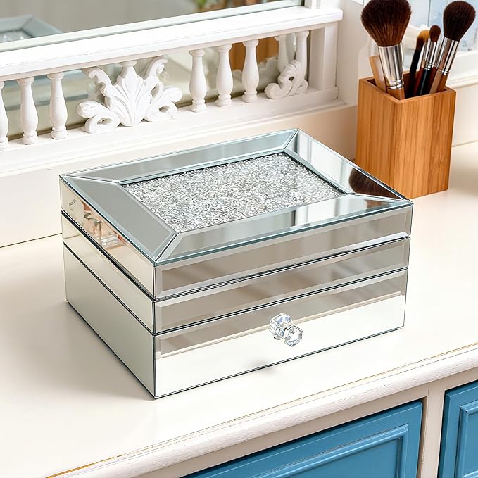 2 Layer Mirror Glass Jewelry Box with Crushed Diamond Decor, Velvet-Lined Trinket Organizer for Rings Earrings Necklaces Bracelets - Elegant Treasure Chest Storage Case for Women Girls-CubbioJoy