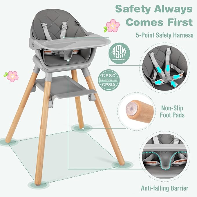 BABY JOY Baby High Chair, 6 in 1 Convertible Wooden Highchair for Babies & Toddlers with Adjustable Legs, Removable Double Tray, Safety Harness & Waterproof PU Cushion (Gray)-CubbioJoy