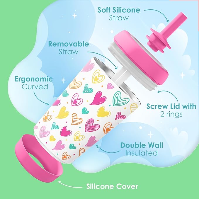 Kid Insulated Stainless Steel Tumbler with Silicone Straw, 12oz Sippy Cup for Kids (Playful Hearts)-CubbioJoy