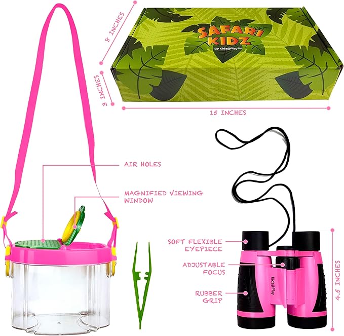 Bug Hunting Kit, Pink Safari Vest, Hat, Binoculars, Lg. Butterfly Net, Bug Container, Whistle, Flashlight, Magnifier, Thermostat, Compass, Age 3+-CubbioJoy