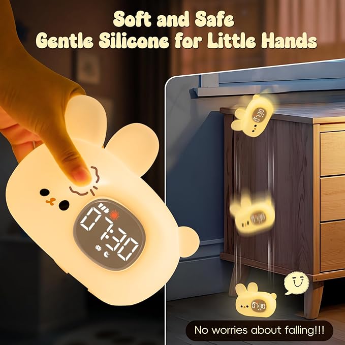 Bunny Alarm Clock with Night Light for Kids with Sleep Training and Sound Machine, Rechargeable Silicone Lamp OK to Wake Clock，Cute Animal Tabletop Lamp, Perfect Sleep Companion for Boys Girls-CubbioJoy