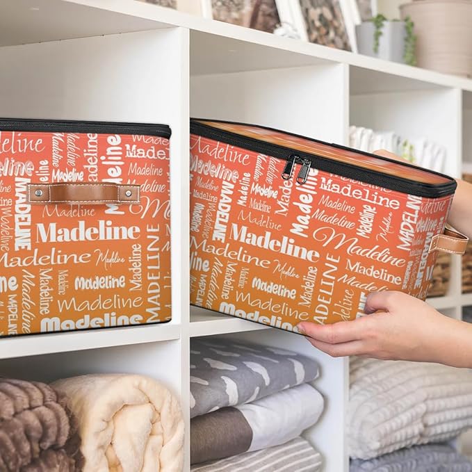 Custom Storage Basket with Name, Personalized Storage Bins with Zipper Lid, Foldable Fabric Storage Box Large capacity with Handle Orange-CubbioJoy