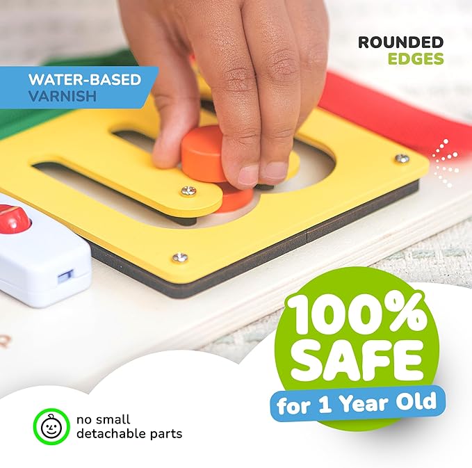 deMoca Montessori Busy Board for 1 Year Old, Premium Wooden Baby Busy Board, Airplane Toys for Toddlers 1-3, Car Travel Essential, Gift for Boys & Girls-CubbioJoy