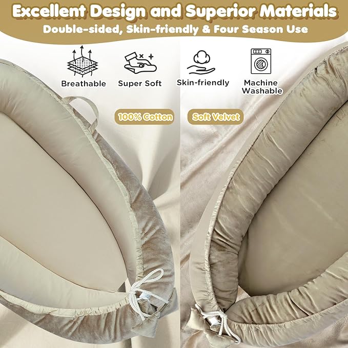 Baby Lounger - Baby Lounger for Newborn 0-24 Months, Breathable & Soft Cotton and Velvet Cover Baby Nest, Portable Tummy Time Lounger for Home and Travel, Ideal Baby Essentials & Shower Gifts-CubbioJoy