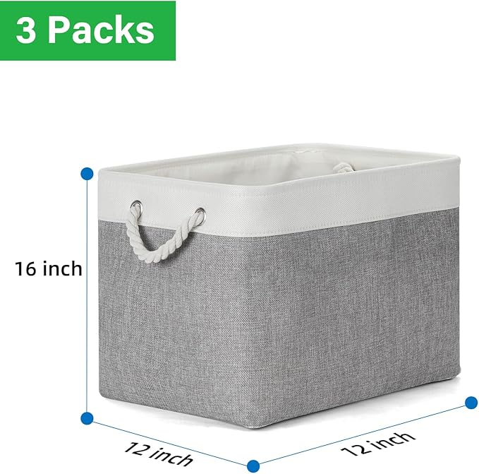 Bidtakay Large Storage Baskets for Organizing 3-Pack Fabric Closet Organizers Storage Bins with Handles 16x11.8x11.8 In Collapsible Baskets for Shelves Cloth Home Organization L-White&Grey-CubbioJoy