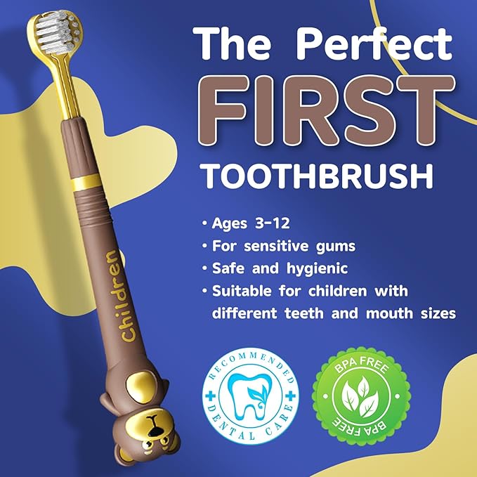 3 Sided Toothbrush for Kids, Japanese Design Triple-Angle Toothhugger, Cartoon Bear Design for Autism Toddlers, Kids Toothbrush for Aged 3-12, Soft Bristles for Gentle Gum Care (3Pack)-CubbioJoy