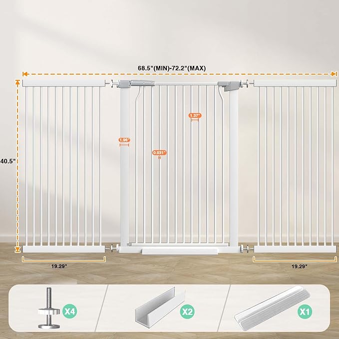 40.5" Extra Tall Baby Gate for Stairs, 68.5"-72.2" Extra Wide Large Dog Pet Gate Indoor for House, Long Safety Child Gate No Drill, Metal Auto Close Doggie Barrier for Doorway, White-CubbioJoy