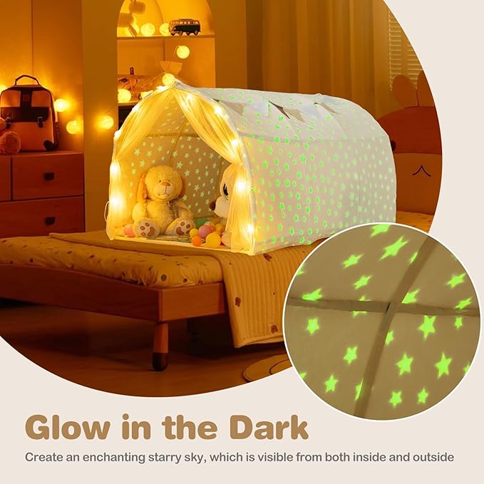 INFANS Kids Bed Tent with Glow in The Dark, Portable Children Playhouse Privacy Space Twin with Mat Star Light Double Net Curtain, Indoor Outdoor Princess Tents Castle for Boys Girls-CubbioJoy