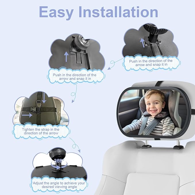 Baby Car Mirror for Backseat - Rear Facing Car Seat Mirror Safety for Infant Newborn - Easily Observe the Baby Move,Clear Wide View,360°Rotation, Secure, Shatterproof - Black-CubbioJoy