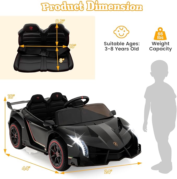 Costzon Ride on Car, Lamborghini Licensed 12V Battery Powered 4WD Sports Car with Remote Control, 3 Speeds, Hydraulic Doors, LED Lights, Towing Wheel, Horn, Music, Electric Vehicle for Kids Aged 3-8-CubbioJoy