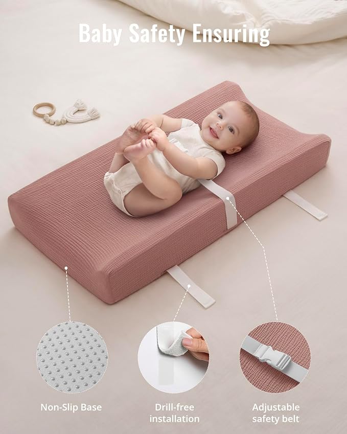 Blissful Diary Muslin Baby Changing Pad with Waterproof Lining Foam, Diaper Changing Table Pad with Cover for Dressers (Dusty Pink, Rectangular)-CubbioJoy