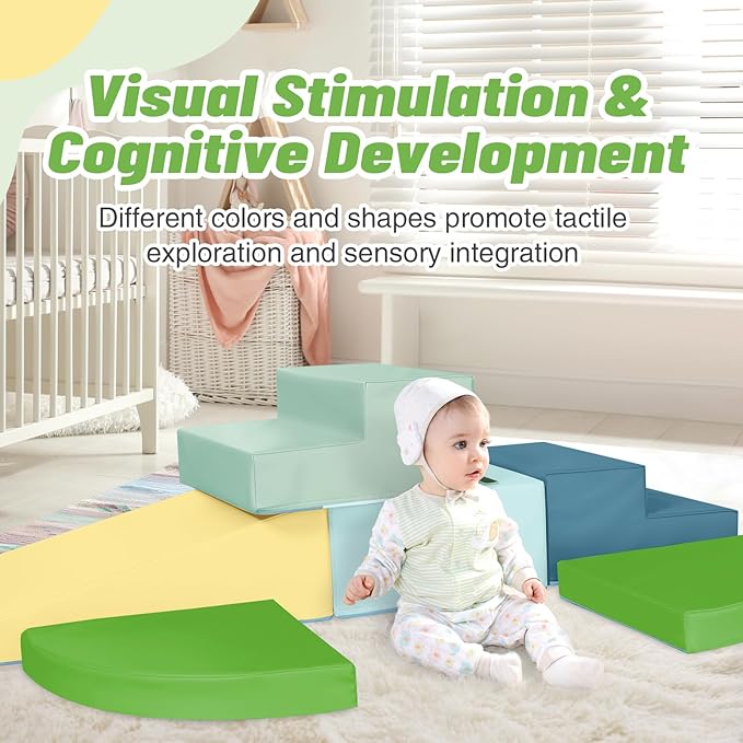 6-Piece Soft PU Leather Toddlers Climbing Toys, Baby Foam Climbing Blocks for Toddlers 3, Foam Play Gym Climbing Structures, Indoor Climb and Crawl Activity Play Set (Light Blue and Green)-CubbioJoy