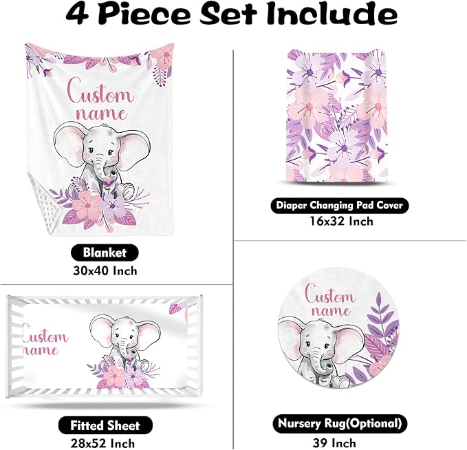 Custom Nursery Crib Bedding Set: Personalized Name 4 Piece Purple Flower Elephant Design Baby Crib Sets for Girls - Toddler Double Layer Blanket Set, Comfortable Crib Bed Sheets for Baby Toddlers-CubbioJoy