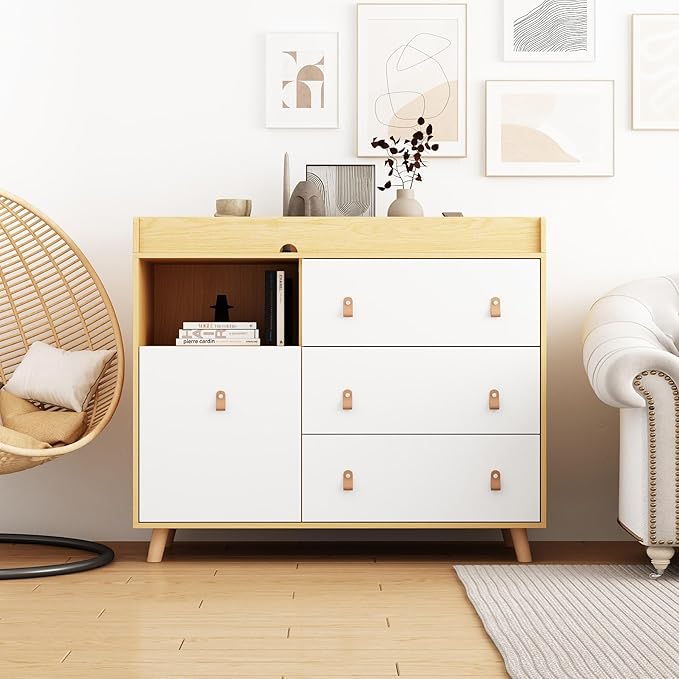 Baby Dresser Changing Table with Drawers,Shelf,Hidden Laundry Basket Storage,2 in 1 Nursery Dresser Chest for Infants, Baby Diaper Changing Station for Daycare,Bedroom,Natural-CubbioJoy