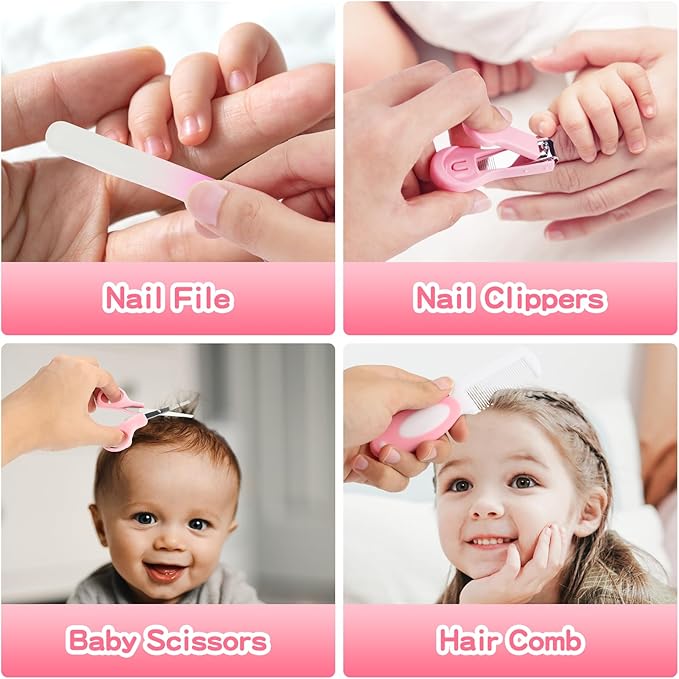 Baby Healthcare and Grooming Kit, 21 in 1 Portable Baby Essentials Kit with Gas Relief Hair Brush Comb Nasal Aspirator for Newborn Boys Girls (Pink)-CubbioJoy