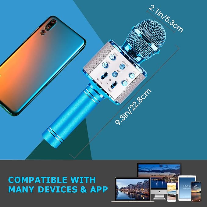 BlueFire 4 in 1 Karaoke Wireless Microphone with LED Lights, Portable Microphone for Kids, Great Toys for Kids, Girls, Boys and Adults (Blue)-CubbioJoy