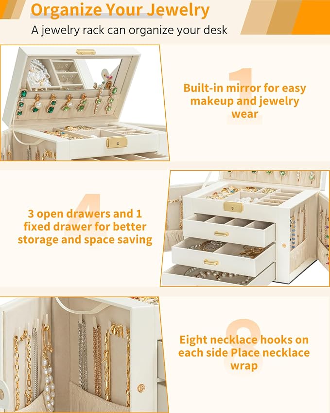 AKOZLIN Large 4-Tier Jewelry Box Leather Jewelry Storage Organizer with 3 Drawers Lockable for Women Girls Ring Necklace Earring Bracelet Watches Holder with Mirror White-CubbioJoy