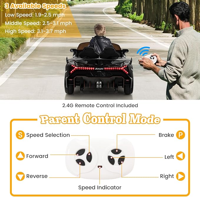 Costzon Ride on Car, Lamborghini Licensed 12V Battery Powered 4WD Sports Car with Remote Control, 3 Speeds, Hydraulic Doors, LED Lights, Towing Wheel, Horn, Music, Electric Vehicle for Kids Aged 3-8-CubbioJoy