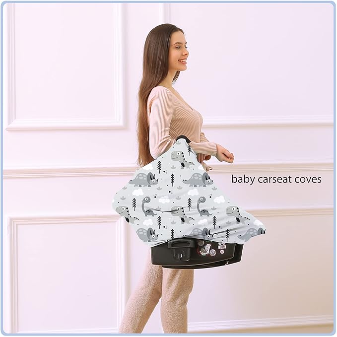 Car Seat Covers for Babies - Multi- use Nursing Carseat Canopy, Breastfeeding Covers, Baby Shower Gifts for Boys and Girls (Grey Dinosaur)-CubbioJoy