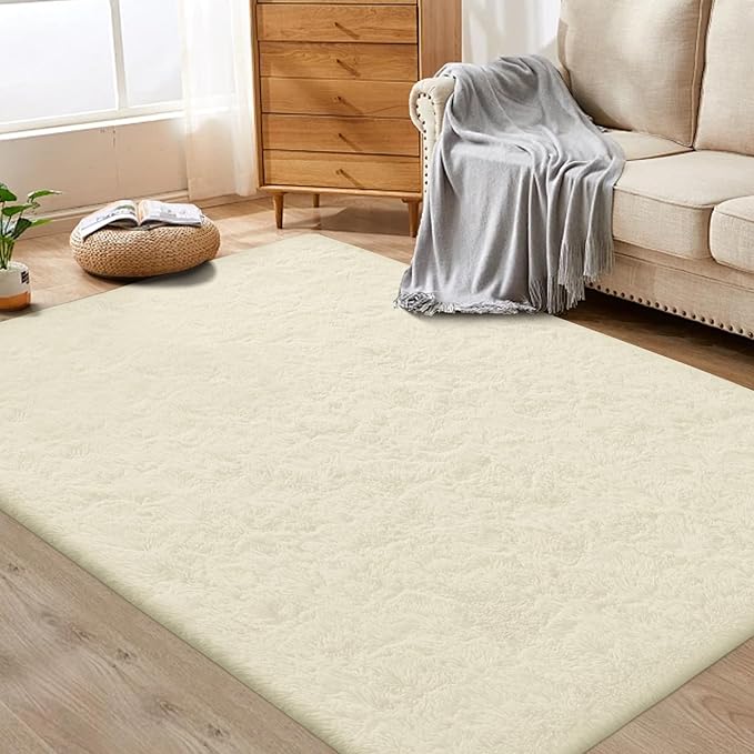 4x6 Area Rug for Living Room: Fluffy Shag Soft Washable Rugs Fuzzy Plush Indoor Carpet for Bedroom Nursery Playroom Dorm Kids Girls Boys Room (Cream White, 4'x6')-CubbioJoy