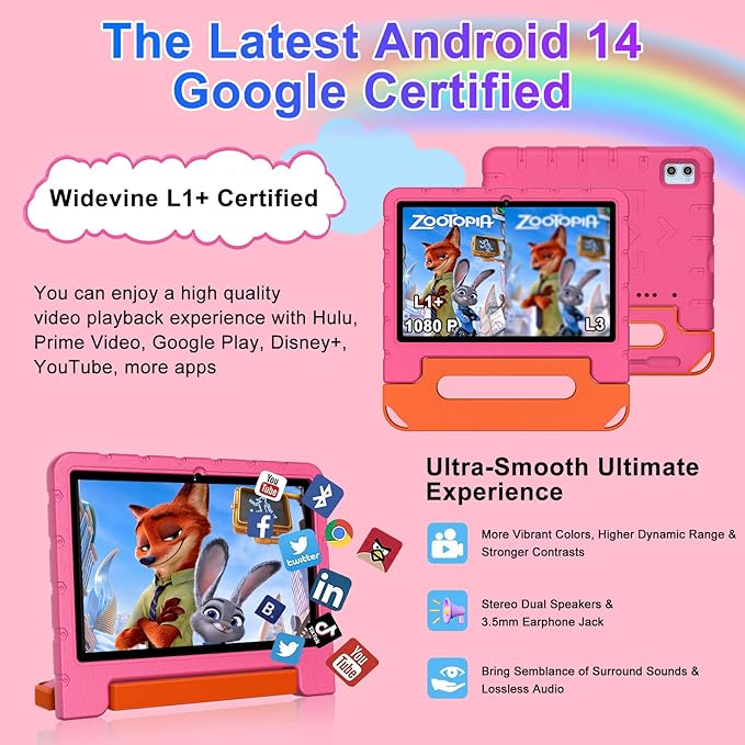 2025 Kids Tablet 10 inch Android 14 Tablets for Kid Octa-Core, 20GB+128GB (TF 1TB), Toddler Tablet with Shockproof Case, 2.4G+5G WiFi 6, Parental Control, Face Unlocked, Split Screen, BT5.0 (Rose Red)-CubbioJoy