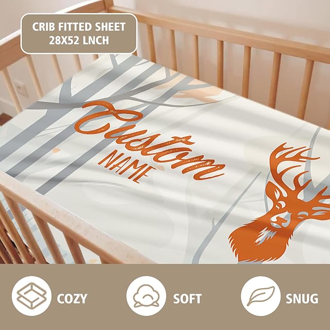 Custom Name Crib Bedding Set - Orange Sika Deer Pattern, Personalized Nursery Bedding 3-Piece Set– Soft Blanket, Fitted Sheet, Changing Pad Cover – for Newborns Girls Nursery Gifts-CubbioJoy