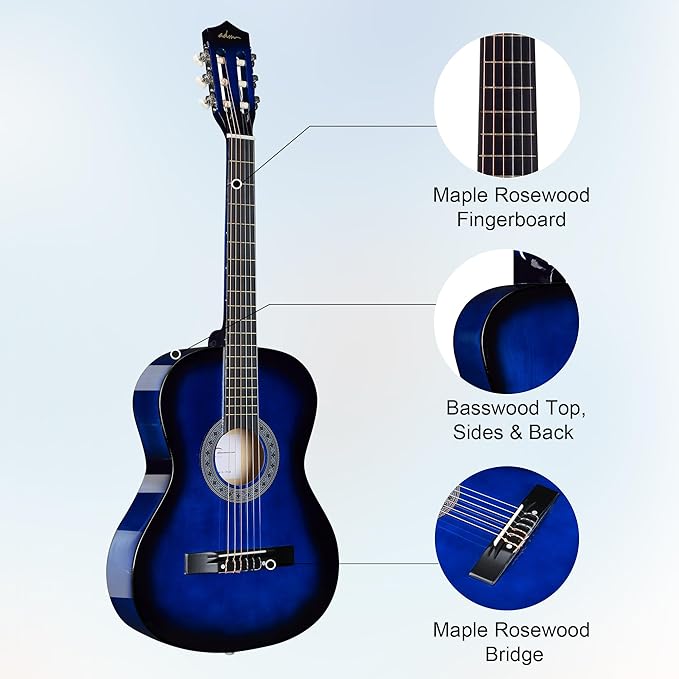 ADM Beginner Acoustic Classical Guitar 38 Inch Nylon Strings Wooden Guitar Bundle Kit for Kid Boy Girl Student Youth Guitarra Online Lessons with Gig Bag, Strap, Tuner, Strings, Blue-CubbioJoy