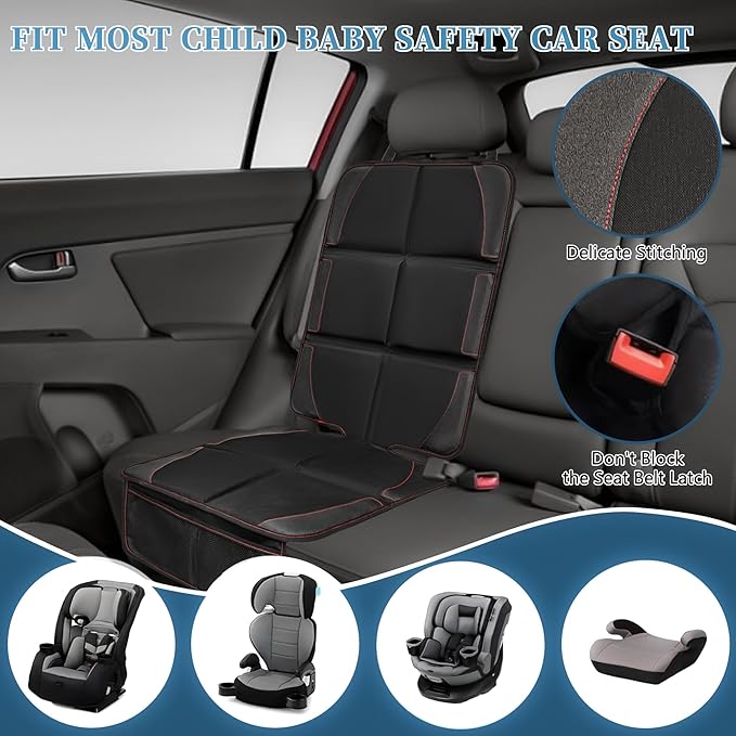 Car Seat Protector 2 Pack Baby Car Seat Covers with Mesh Pockets & Non-Slip Backing 600D Durable Seat Protector Under Baby Car Seat (Black & Red, Large)-CubbioJoy