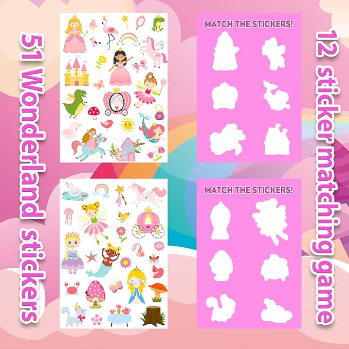 Jelly Sticker Books for Toddlers 2-4 Travel Essentials, Reusable Sticker Book + 8 Scenes + 2 Matching Games + 51 Large Princess Stickers for 1-3 Toddler Activities (Wonderland)-CubbioJoy
