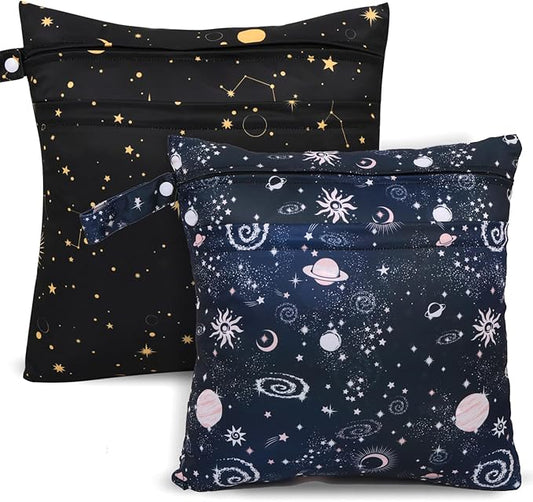 2pcs Cloth Diaper Wet Dry Bags, Waterproof Reusable Wet Bag with 2 Zipper Pockets & Handle, Washable Laundry Bags for Baby Adult Clothes Travel Beach Pool Daycare Yoga Gym Exercise Swimsuits,-CubbioJoy