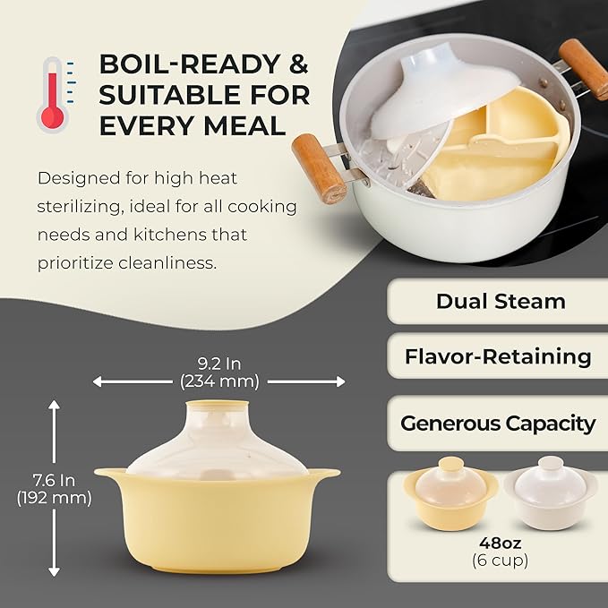 48oz Platinum Silicone 3 Compartmented Microwave Steamer Pot with Handle & Lid - Korean 100% Food-Grade Steamer Bowl, Heat-Resistant Cooker with Steam Holes, Easy Clean, Dishwasher Safe, Yellow-CubbioJoy