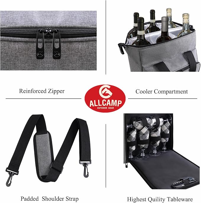 ALLCAMP 6 Bottle Wine Gift Bag - Insulated Tote Cooler, Adjustable Strap, Includes 6 Wine Glasses, Napkins & Corkscrew, Portable Travel Gifting(Gray)-CubbioJoy
