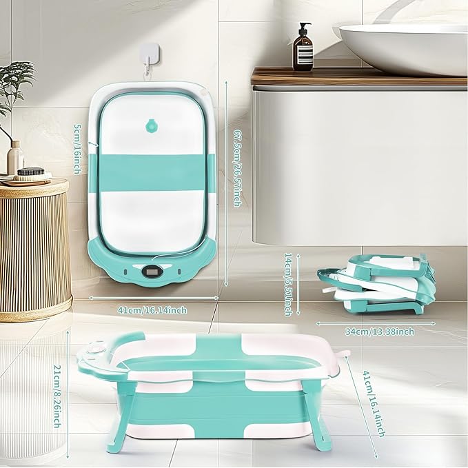 Baby Bathtub,Collapsible Baby Bath Tub with Thermometer & Soft Floating Cushion,Portable Travel Baby Bathtubs for Newborns to Toddlers 0-36 Months(Bear Green)-CubbioJoy