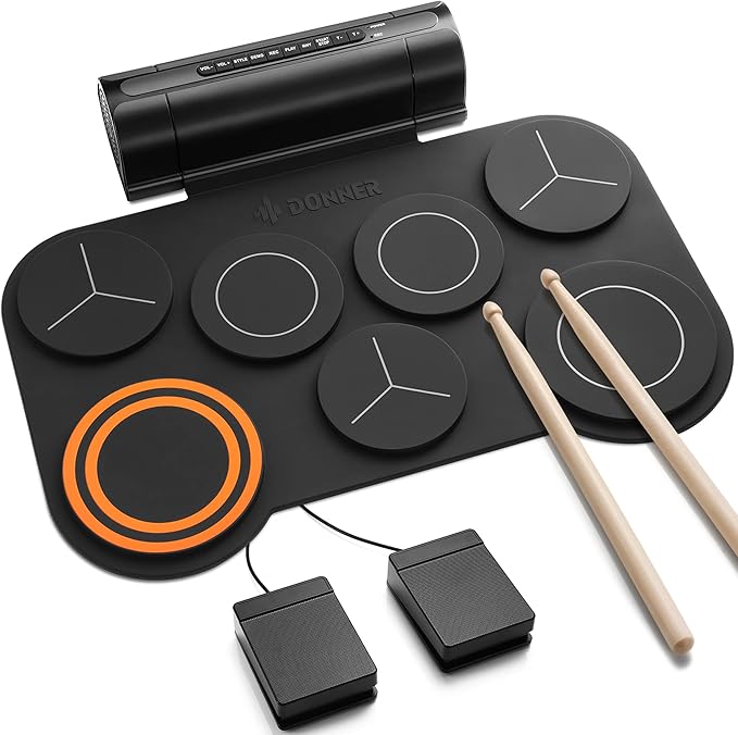 Donner Electronic Drum Set, 7 Pads Electric Drum Pad Roll Up Quiet Drum Pad Built-in Speaker, 40 Drum Lessons Included, Kids Holiday Christmas & Birthday Gift Instrument Toys(DED-20)-CubbioJoy