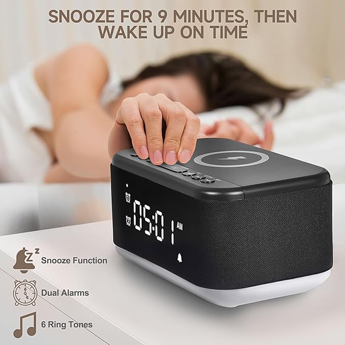 Alarm Clock Speaker Wireless Charger, Digital Alarm Clocks Bedrooms Bluetooth, Alarm Clock Dimmable Light Bedrooms Dual Alarm Snooze Dimmer 12 24H RGB Night Light Bluetooth USB AUX, Black-CubbioJoy