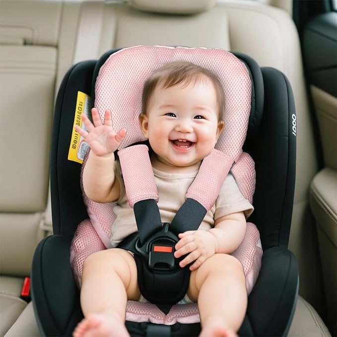 Infant Car Seat Insert for Newborn Girls Boys, Summer Mesh Baby Carseat Head Support with Strap Pads, Soft Reversible Baby Car Seat Insert Cushion Pad for Car Seat, Stroller, Bouncer, Swing, Pink-CubbioJoy