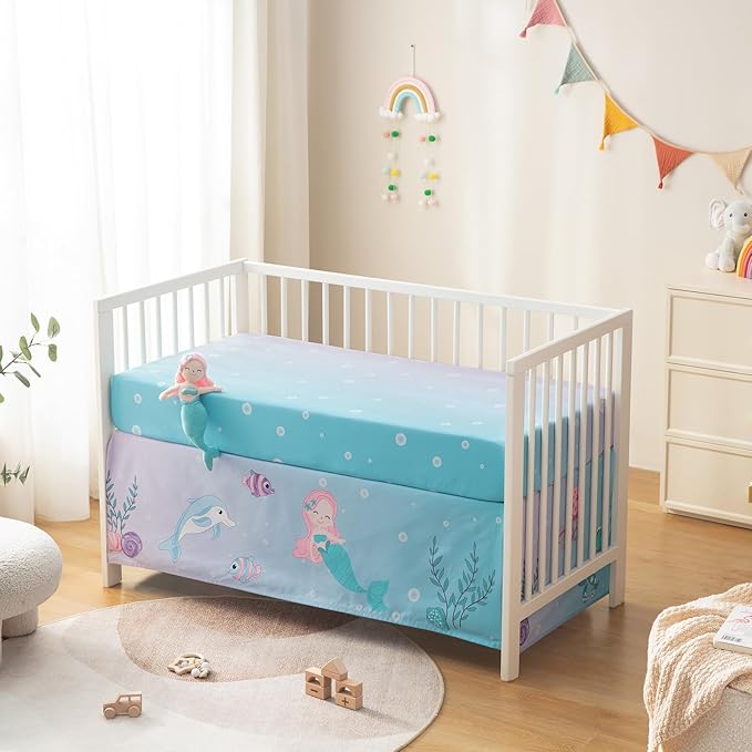 4 Piece Crib Bedding Set for Boys Girls, Infant Toddler Nursery Baby Bedding Sets Includes Cartoon Quilt, Fitted Crib Sheet, Crib Skirt and Plush Mermaid Toy-CubbioJoy