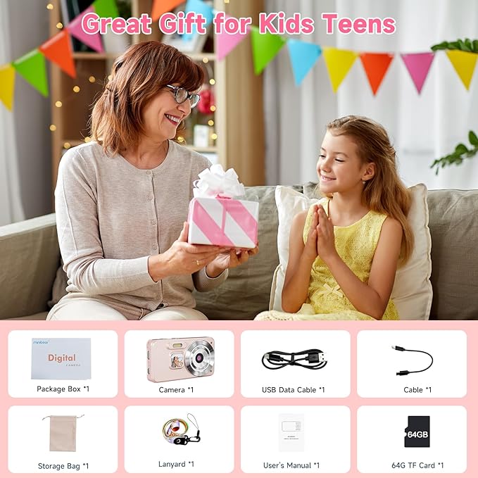 Digital Camera, Autofocus 4K 64MP Point and Shoot Digital Cameras for Teens with 64GB Card, 18X Zoom Anti-Shake Compact Video Camera for Student Kids Boys Girls Beginner - Pink-CubbioJoy