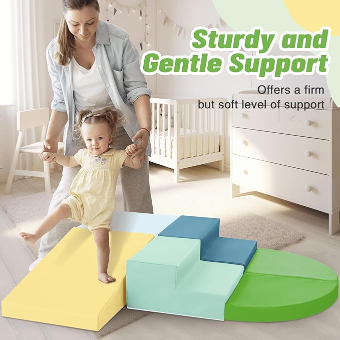 6-Piece Soft PU Leather Toddlers Climbing Toys, Baby Foam Climbing Blocks for Toddlers 3, Foam Play Gym Climbing Structures, Indoor Climb and Crawl Activity Play Set (Light Blue and Green)-CubbioJoy
