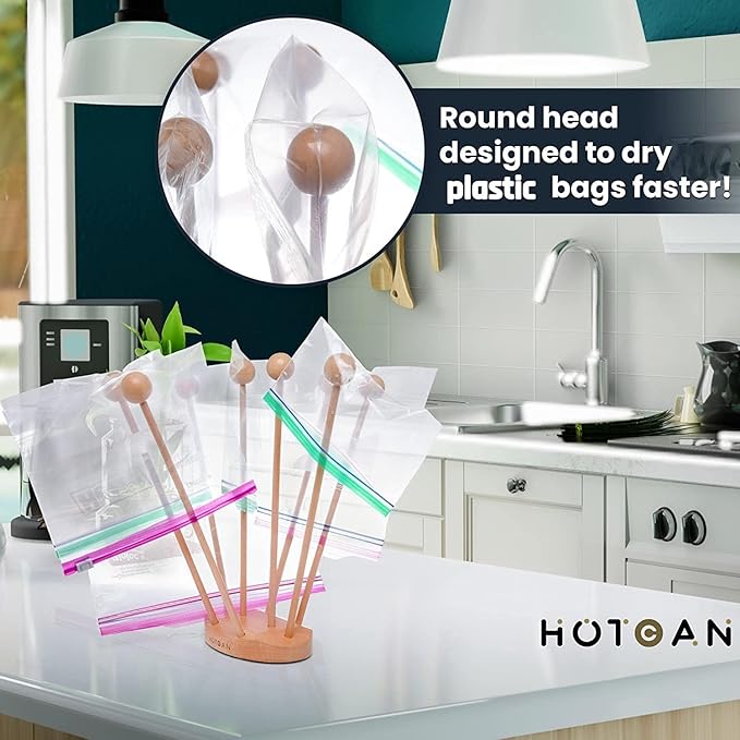 Beech Wood Plastic Bag Drying Rack - Reusable Bag & Bottle Dryer, Space-Saving Design for Kitchen, Easily Assembled and Disassembled for Storage-CubbioJoy